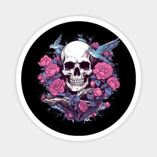 Skull with Birds and Floral Roses Magnet